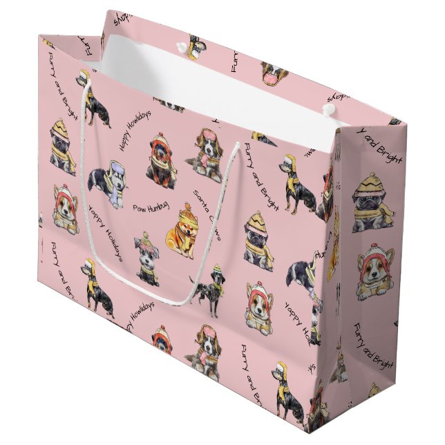 Pink Christmas Illustrated Cute Dogs Patterned Large Gift Bag (Front Angled)