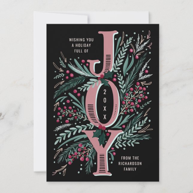 Pink Christmas Joy Hand Drawn Foliage on Black Holiday Card (Front)