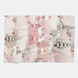 Pink Christmas kitchen towel. Tea Towel