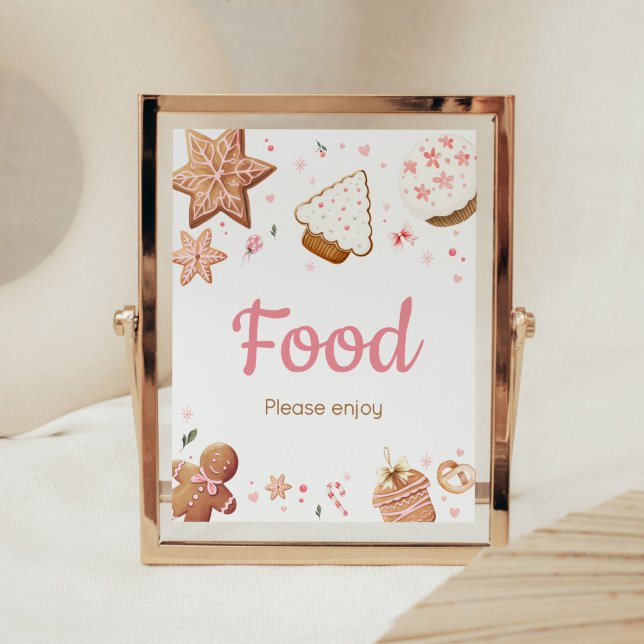 Pink Christmas Little Cookie Baby Shower Food Poster (Christmas Little Cookie Gingerbread Baby Shower Food Sign)