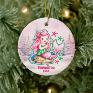 Pink Christmas Mermaid Kids Photo Ornament