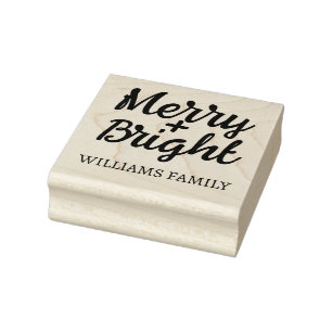 Pink Christmas Merry Bright Family name Rubber Stamp