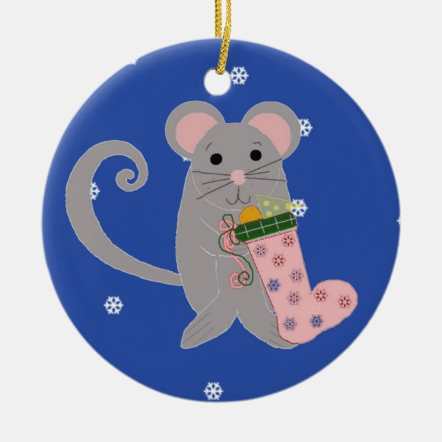 Pink Christmas Mouse Ceramic Tree Decoration (Front)