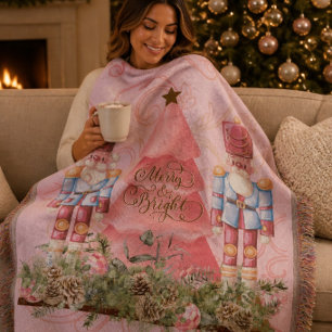 Pink Christmas Nutcracker and Tree Throw Blanket