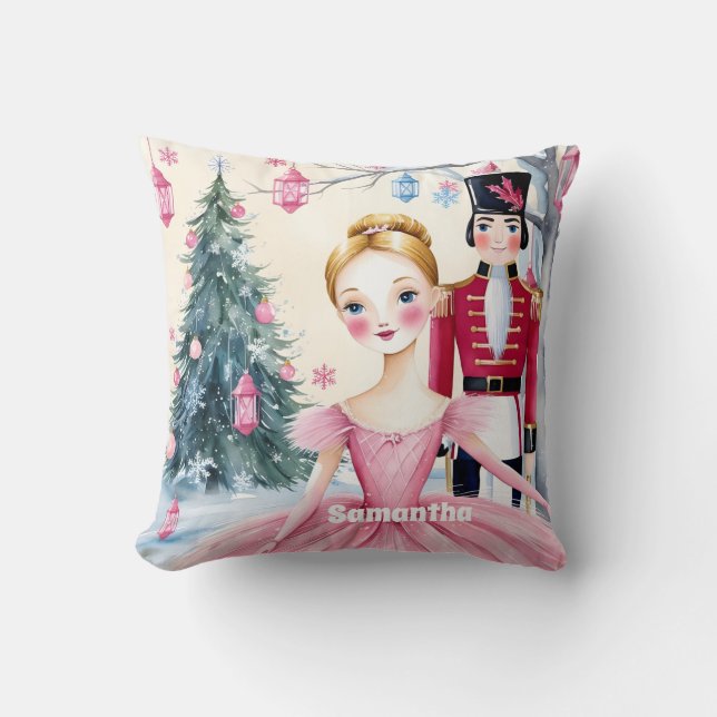 Pink Christmas Nutcracker Ballet & Ballerina Cushion (Front)