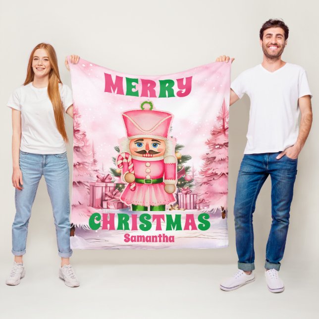 Pink Christmas Nutcracker Personalised Kids Name Fleece Blanket (In Situ)