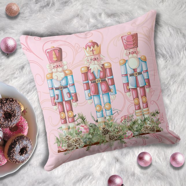 Pink Christmas Nutcracker Trio Throw Pillow (Creator Uploaded)