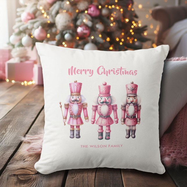 Pink Christmas Nutcrackers Personalised Decor Cushion (pink christmas decor nutcrackers watercolor personalized throw pillow)