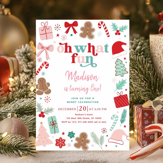 Pink Christmas Oh What Fun First Birthday Invitation (Creator Uploaded)