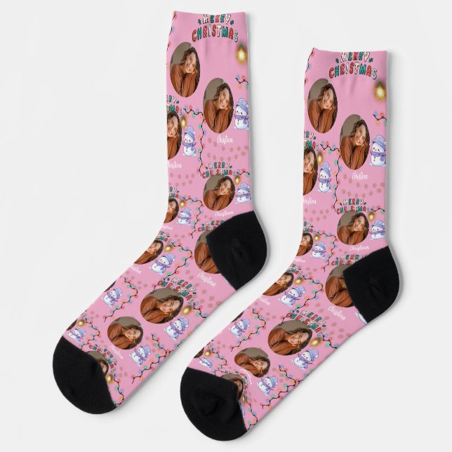 Pink Christmas one circle photo and name snowman Socks (Left)