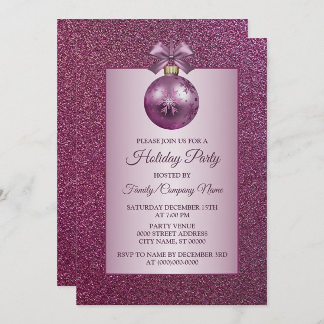 Pink Christmas Ornament Holidays Party Glitter Invitation (Front/Back)