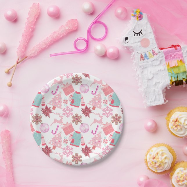 Pink Christmas Ornament Pattern 02 Paper Plate (Party)