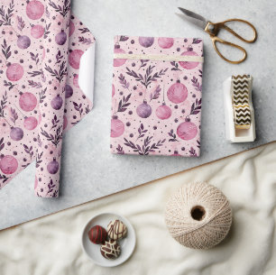 Pink Christmas Ornament Pattern with Winter Foliag Wrapping Paper