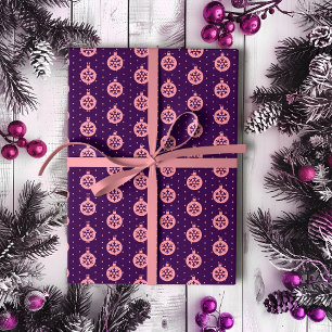 Pink Christmas Ornaments on Purple Modern Holiday Wrapping Paper