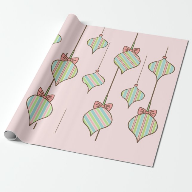 Pink Christmas Ornaments Wrapping Paper (Unrolled)