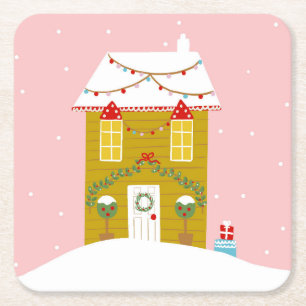 Pink Christmas Party Kids Birthday Holiday Square Paper Coaster