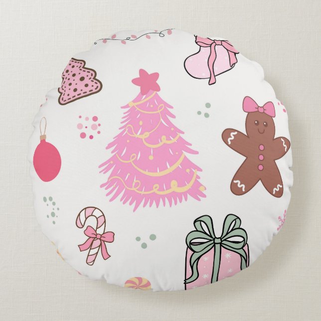 Pink Christmas Pattern Round Cushion (Front)
