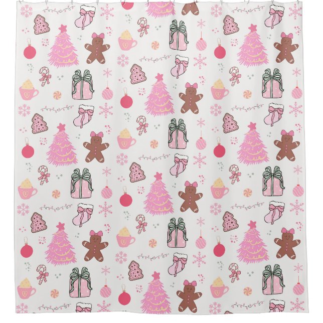 Pink Christmas Pattern Shower Curtain (Front)