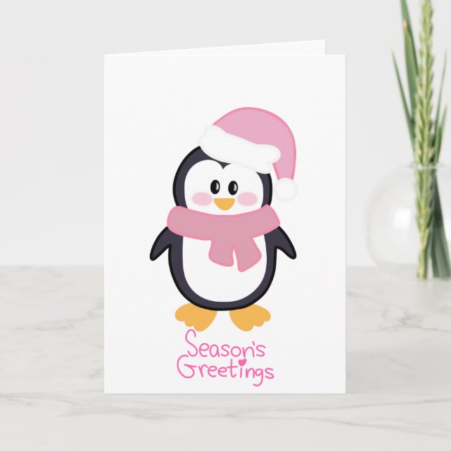 Pink Christmas Penguin Season's Greetings  Card (Front)