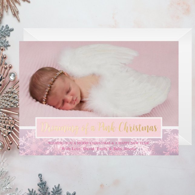 Pink Christmas Photo Snowflake First Christmas (Dreaming of a Pink Christmas Holiday Foil Christmas Card, Birth Announcement Baby Girl Photo, Family)