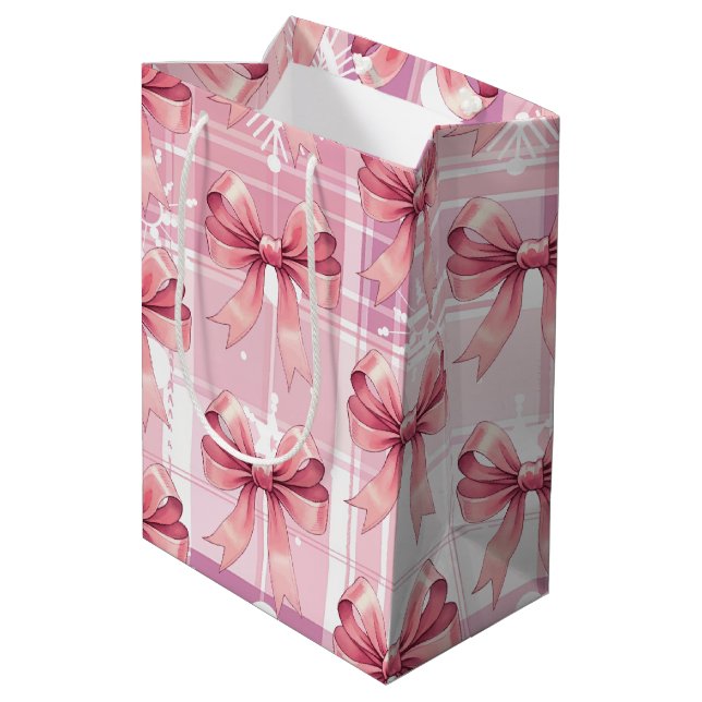 Pink Christmas Plaid Snowflakes Bow Coquette  Medium Gift Bag (Back Angled)