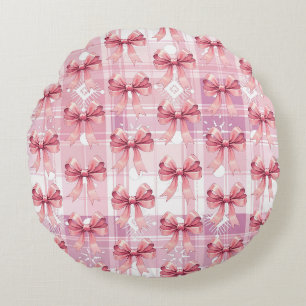 Pink Christmas Plaid Snowflakes Bow Coquette Round Cushion