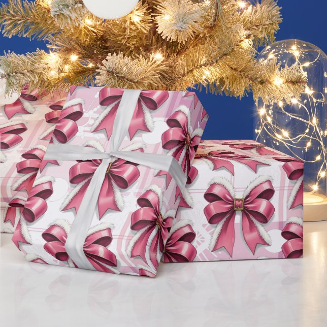 Pink Christmas Plaid Snowflakes Bow Pattern Wrapping Paper (Holidays)