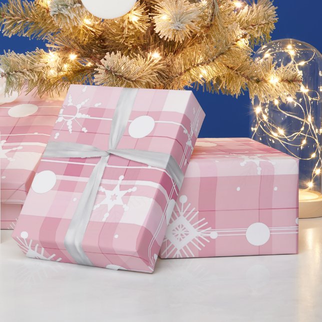 Pink Christmas Plaid Snowflakes Pattern Wrapping Paper (Holidays)