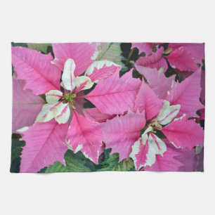 Pink christmas poinsettia flowers kitchen towel