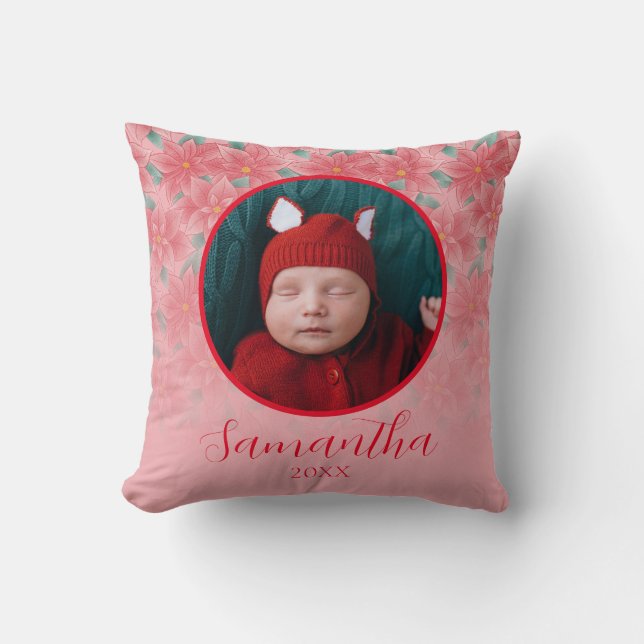 Pink Christmas Poinsettia Personalised Baby Photo Cushion (Front)