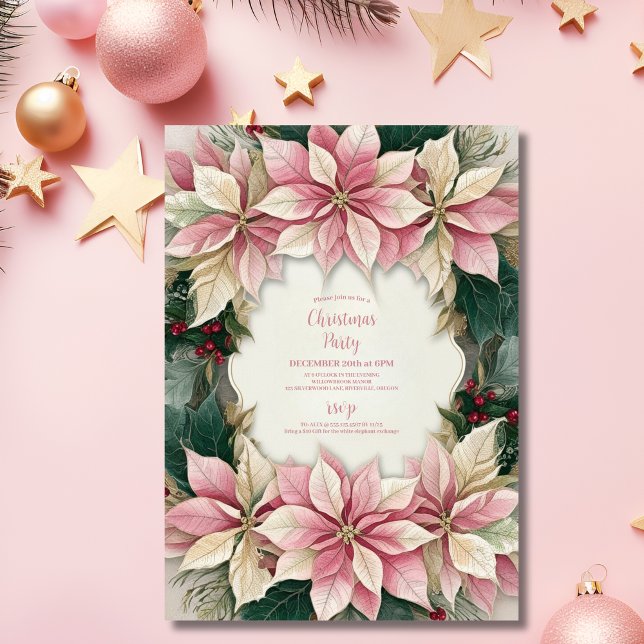 Pink Christmas Poinsettia Winter Greenery Party Invitation (Creator Uploaded)