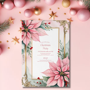 Pink Christmas Poinsettia Winter Greenery Wedding Invitation