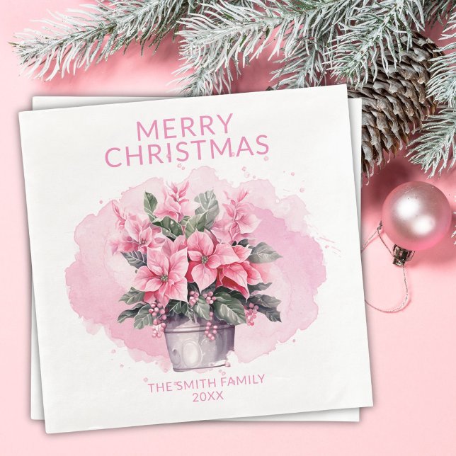 Pink Christmas Poinsettias Party Napkin (Creator Uploaded)