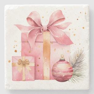Pink Christmas Presents Stone Coasters