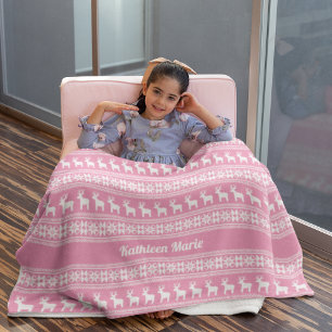 Pink Christmas Reindeer Pattern Cute Personalised Fleece Blanket
