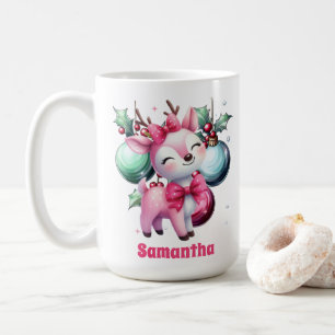 Pink Christmas Reindeer Personalised Name Mug