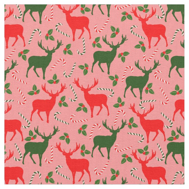 pink christmas reindeers fabric (Close Up)
