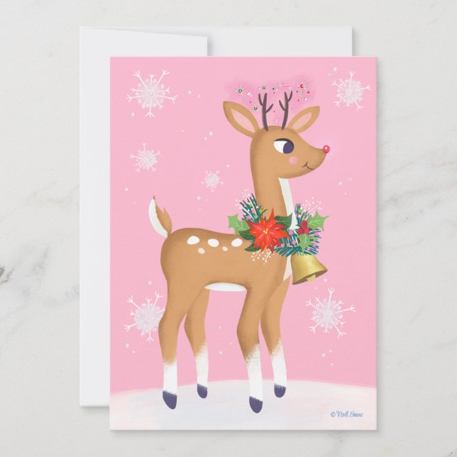 Pink Christmas Retro Rudolph Personalise Flat Card (Front)