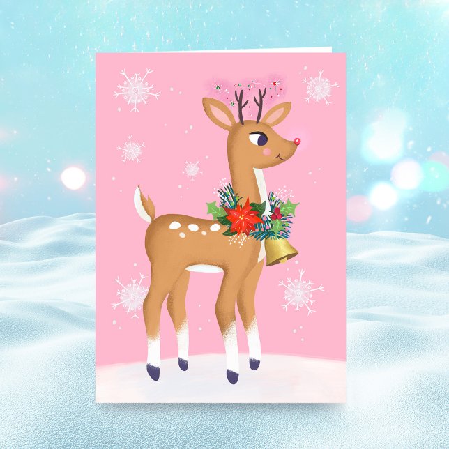 Pink Christmas Retro Rudolph Reindeer Folded Card (Creator Uploaded)
