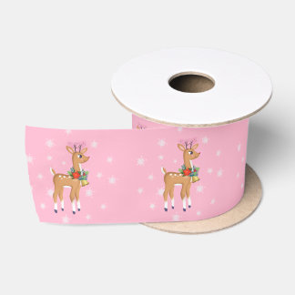 Pink Christmas Retro Rudolph Reindeer Satin Ribbon