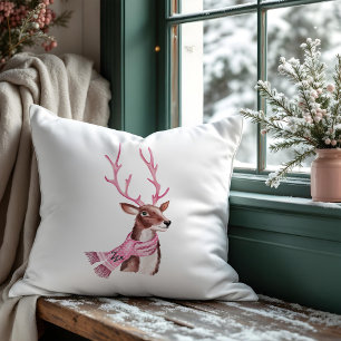 Pink Christmas Retro Vintage Reindeer Monogram Cushion