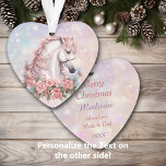 Pink Christmas Rose Bouquet White Horse Kids Ornament<br><div class="desc">If your little girl loves horses, she will love this pretty Christmas ornament! The front image is of a stunning white horse head portrait with a pale pink mane, and a bouquet of pink roses at the bottom. The image is placed on a pink and lavender bokeh background. The back...</div>
