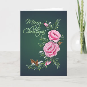 PINK CHRISTMAS ROSES & PINE by SHARON SHARPE Holiday Card