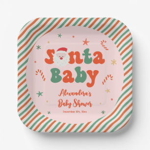Pink Christmas Santa Baby Shower Paper Plate