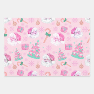 Pink Christmas Santa Clau & Tree Seamless Pattern Wrapping Paper Sheet