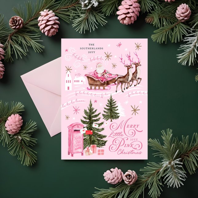 Pink Christmas Santa Reindeer North Pole Village Holiday Card (Pink Christmas Santa Reindeer North Pole Village Holiday Card)