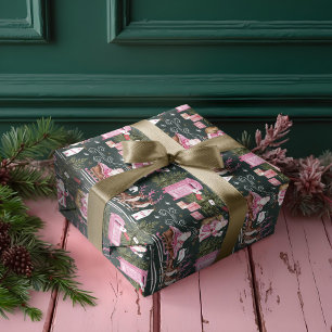 Pink Christmas Santa Reindeer North Pole Village Wrapping Paper