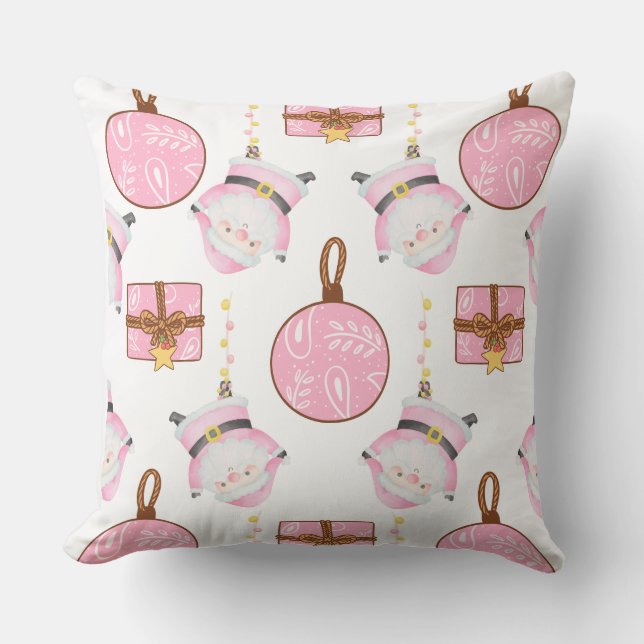 Pink Christmas Santa Throw Pillow, Pink Xmas Cushion (Front)