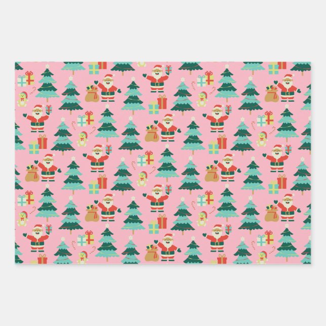 Pink Christmas Santa - Vintage Vibe Wrapping Paper Sheet (Front)