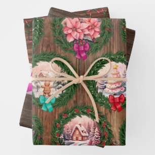 Pink Christmas Scenes Wrapping Paper Sheet